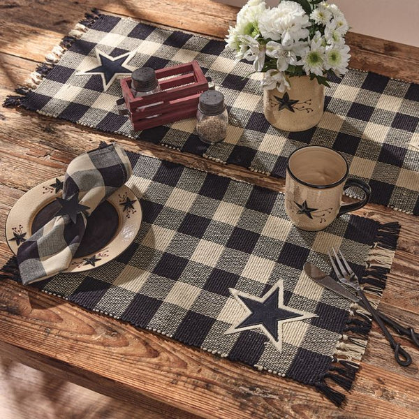 Black Star Black Check Kitchen Linens - Placemats and Table Runners available at Quilted Cabin Home Decor