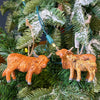 Highland Cow Ornament - Two Styles hanging on a Christmas tree available at Quilted Cabin Home Decor.