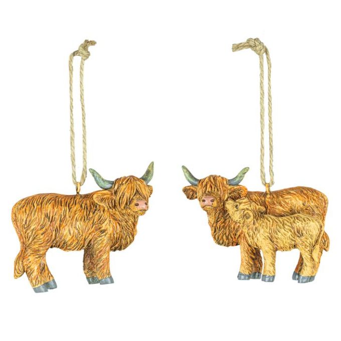 Highland Cow Ornament - Two Styles hanging on a Christmas tree available at Quilted Cabin Home Decor.