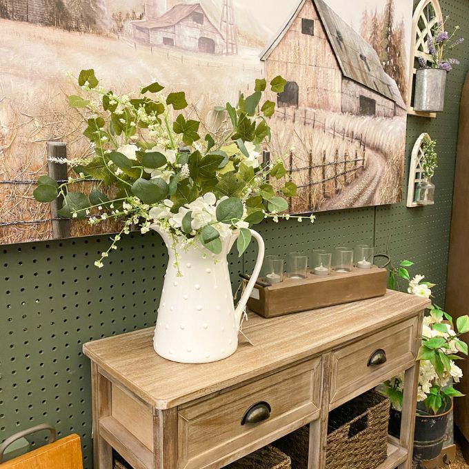 Cream Hydrangea with Silver Dollar Leaves - Two Styles available at Quilted Cabin Home Decor.