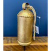 Decorative gold bell with a rope on a wooden surface against a blue background. Gold Clapper Bells - Three Sizes available at Quilted Cabin Home Decor.