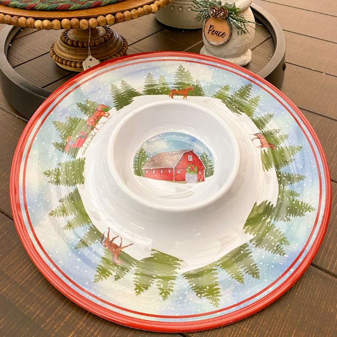 Holiday Barn Melamine Chip and Dip Tray available at Quilted Cabin Home Decor.