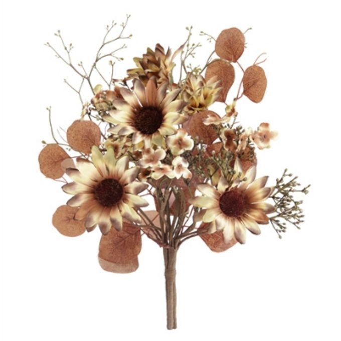 An artificial dried floral arrangement featuring large sunflowers, small cream blossoms, and round brown pods on a plain white background.  Sunflower pick available at Quilted Cabin in Airdrie