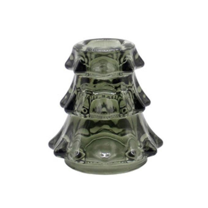 A small translucent green glass candle taper holder with a tiered, scalloped design, available at Quilted Cabin in Airdrie