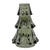 A Large tiered glass tapered candle holder with a textured, ribbed pattern in a smoky translucent green color available at Quilted Cabin in Airdrie