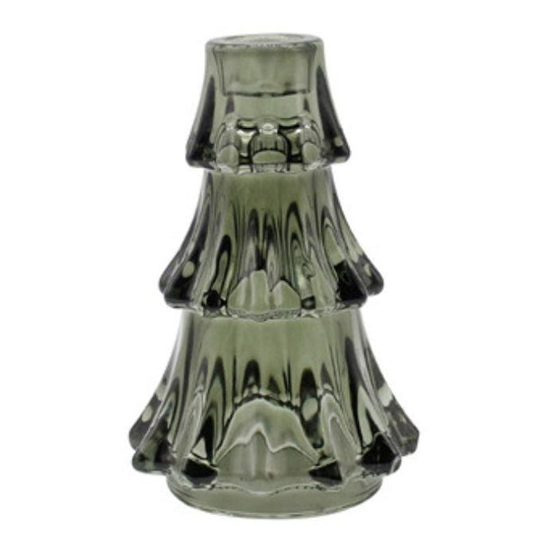 A Large tiered glass tapered candle holder with a textured, ribbed pattern in a smoky translucent green color available at Quilted Cabin in Airdrie