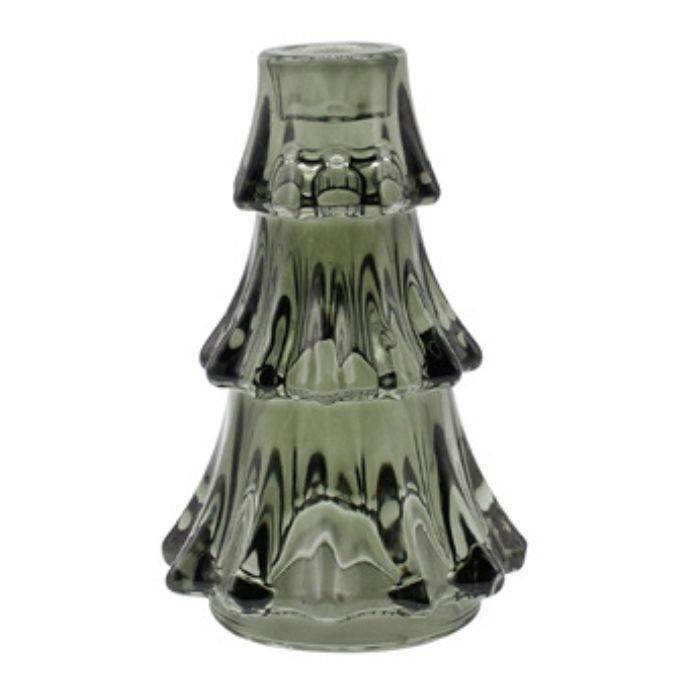 A Large tiered glass tapered candle holder with a textured, ribbed pattern in a smoky translucent green color available at Quilted Cabin in Airdrie