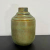 A small ceramic vase with a rounded body and a tiered neck, featuring a textured metallic finish in olive green, bronze, and gold tones, set against a plain white background.