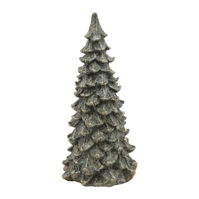 A Large decorative pine tree sculpture with a textured, weathered like design with gold sparkled tips.  Tree available at Quilted Cabin in Airdrie