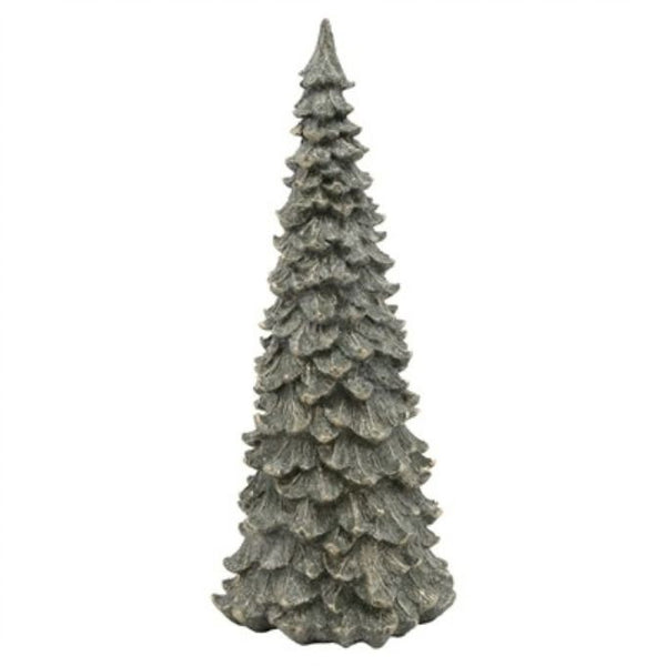 A Small decorative pine tree sculpture with a textured, weathered like design with gold sparkled tips.  Tree available at Quilted Cabin in Airdrie