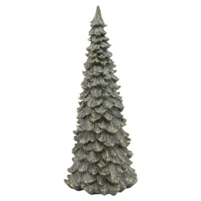 A Small decorative pine tree sculpture with a textured, weathered like design with gold sparkled tips.  Tree available at Quilted Cabin in Airdrie