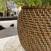 Woven rattan-look planter with green leaves on a blurred outdoor background. Rattan Look Resin Vase available at Quilted Cabin Home Decor.