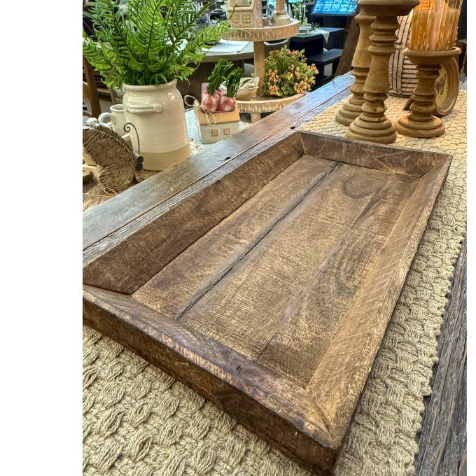 Reclaimed Wooden tray on a textured surface.  Reclaimed Wooden Trays come in three sizes and are available at Quilted Cabin Home Decor