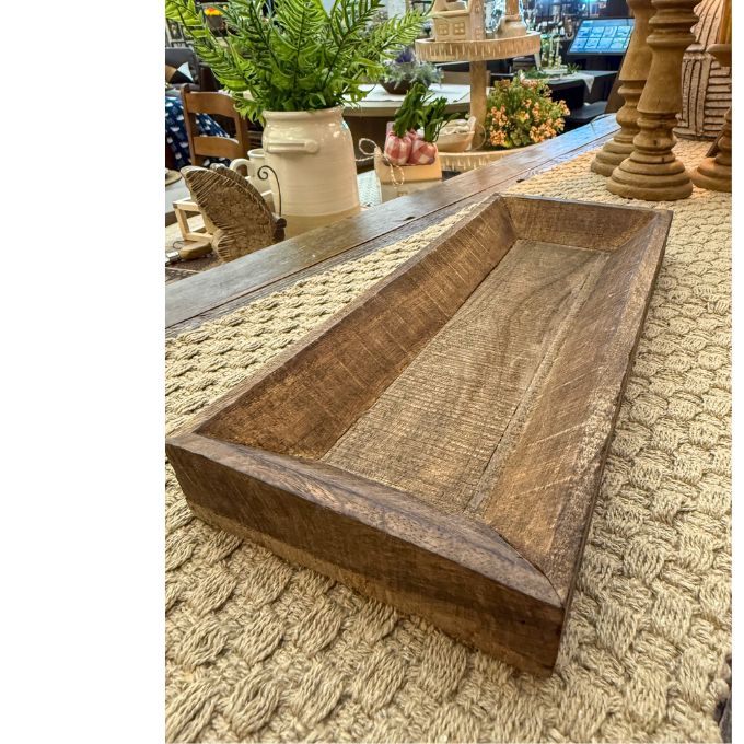 Reclaimed Wooden tray on a textured surface.  Reclaimed Wooden Trays come in three sizes and are available at Quilted Cabin Home Decor