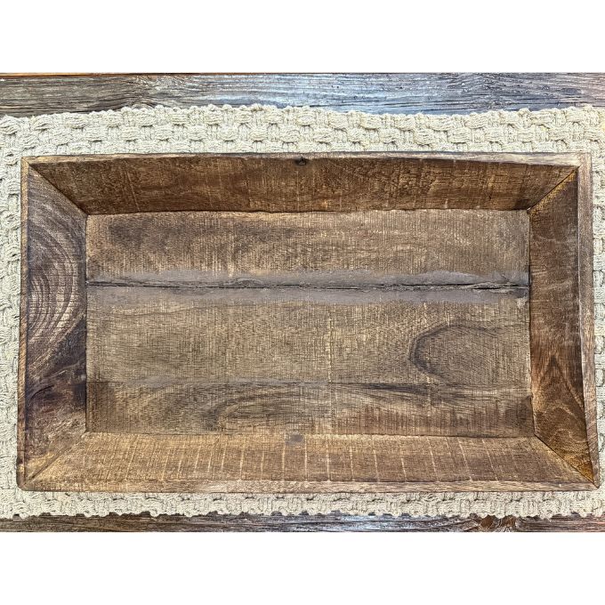 Reclaimed Wooden tray on a textured surface.  Reclaimed Wooden Trays come in three sizes and are available at Quilted Cabin Home Decor