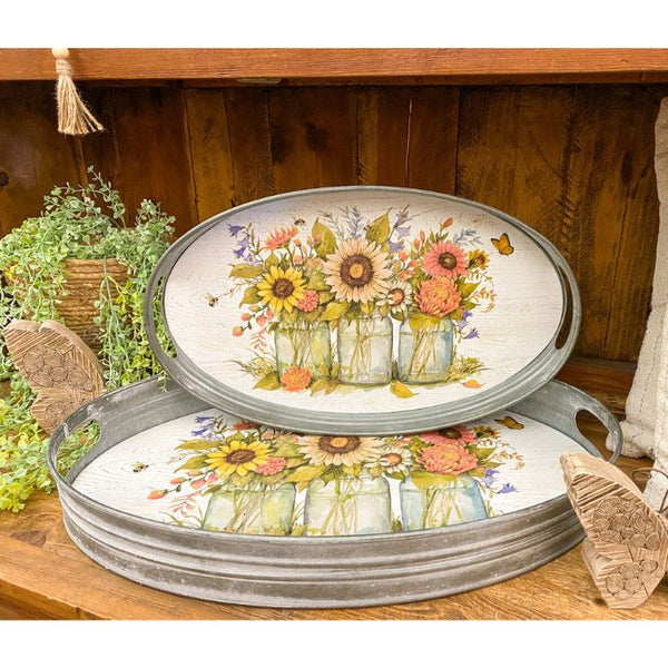 Sunflower Galvanized Trays - Two Sizes available at Quilted Cabin Home Decor.