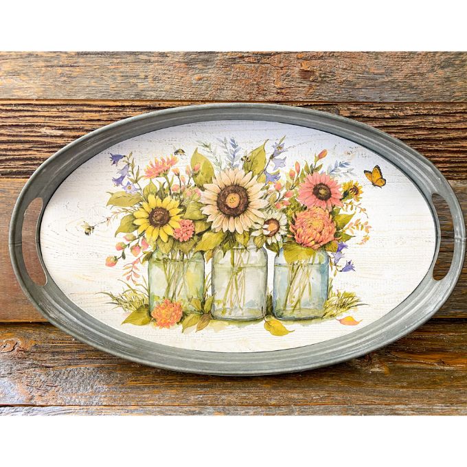 Sunflower Galvanized Trays - Two Sizes available at Quilted Cabin Home Decor