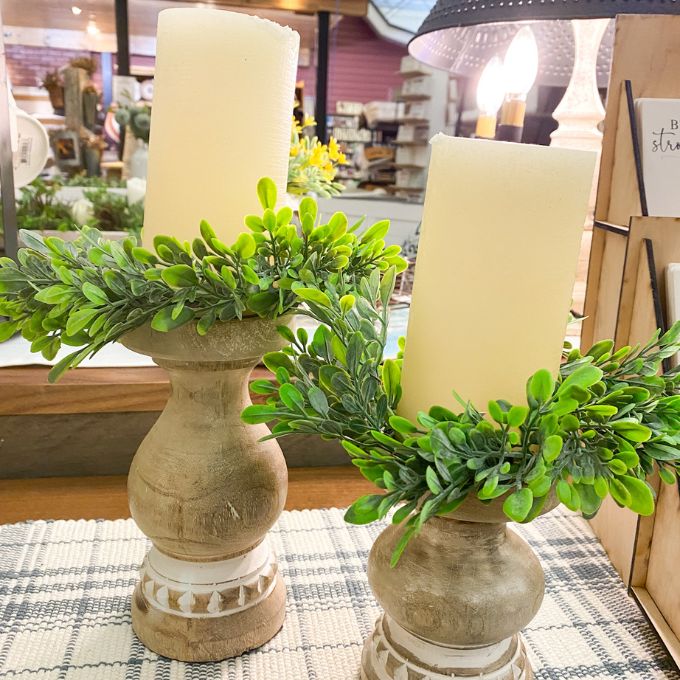 Flocked Boxwood Leaf Candle Ring available at Quilted Cabin Home Decor.
