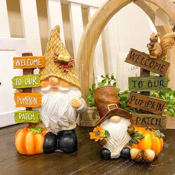 Welcome to the Pumpkin Patch Gnome - Two Styles available at Quilted Cabin Home Decor.