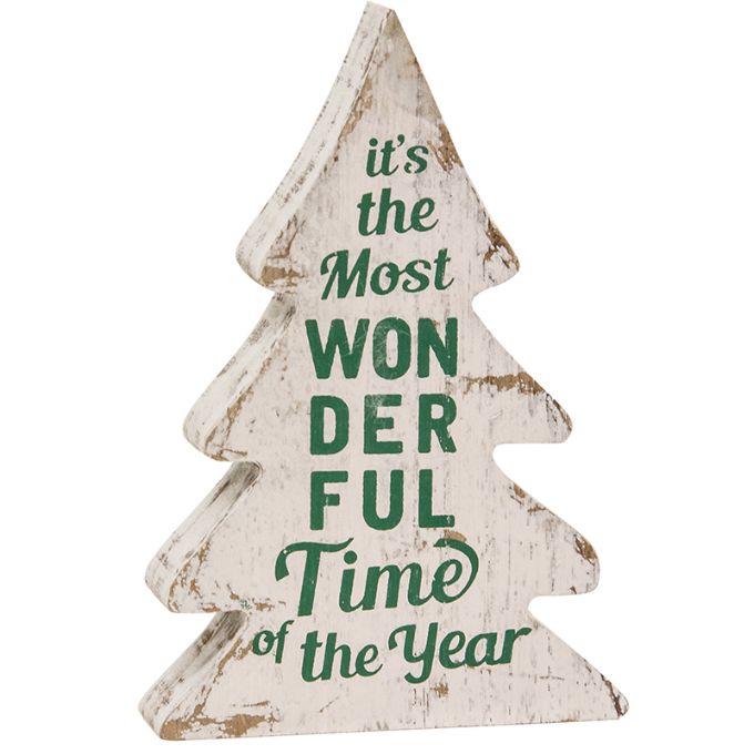 White distressed, wooden Christmas  tree. Green script that says its the most wonderful time of the year. Available at Quilted Cabin Home Decor.