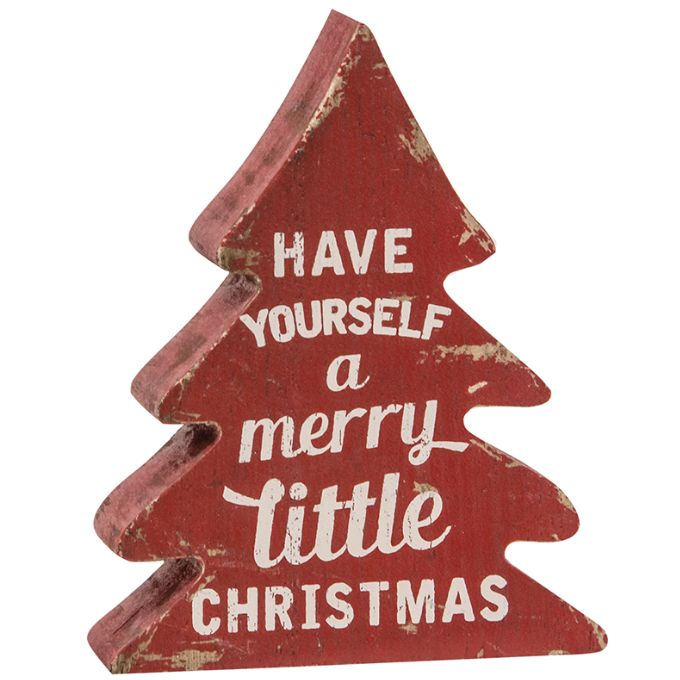 Red Distressed wooden tree that says have yourself a merry little christmas available at quilted cabin Home Decor.