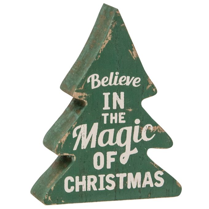 Green distressed wooden tree that says believe in the magic of Christmas available at quilted Cabin Home Decor.