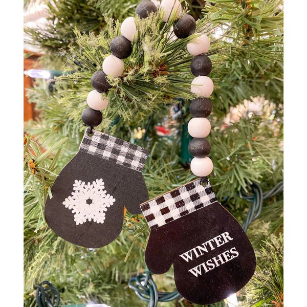 Winter Wishes Wooden Mitten Ornament available at Quilted Cabin Home Decor.