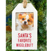 White wooden tree ornaments for dog owners with a space for a photo of your dog. The lettering is red. Available at Quilted Cabin Home Decor.