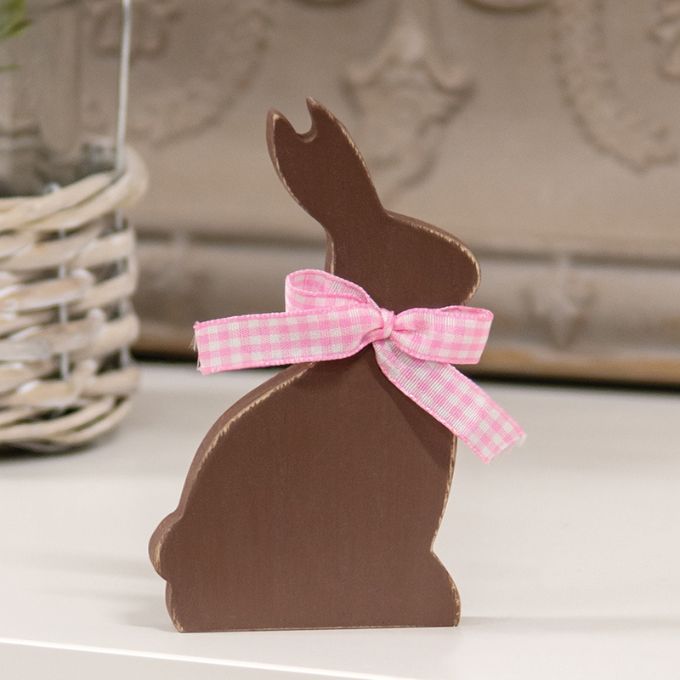 Wooden Bunny with Pink Check Ribbon available at Quilted Cabin Home Decor.