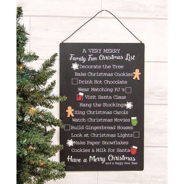 Family Fun Christmas Metal Sign available at Quilted Cabin Home Decor. The sign lists different Christmas activities and has christmas themed magnets .