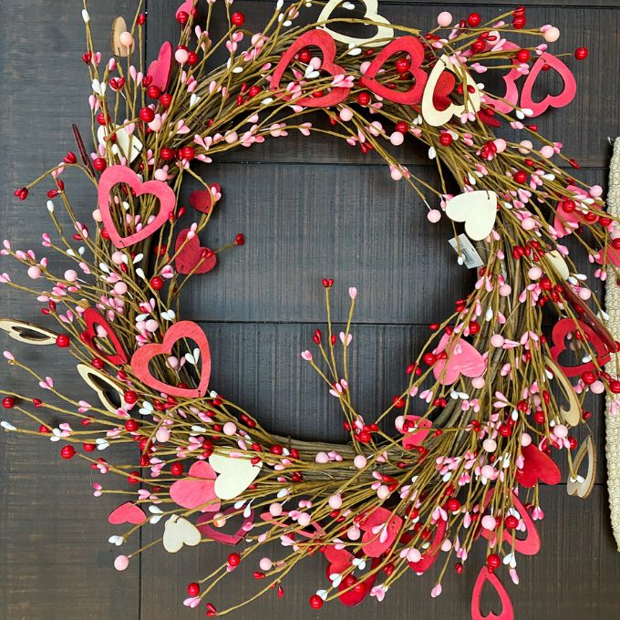 Valentine Berry Wreath with Wooden Hearts available at Quilted Cabin Home Decor.