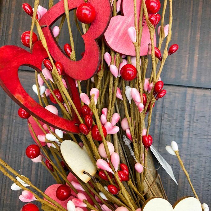 Valentine Berry Wreath with Wooden Hearts available at Quilted Cabin Home Decor.