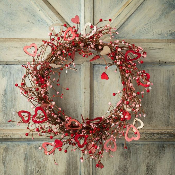 Valentine Berry Wreath with Wooden Hearts available at Quilted Cabin Home Decor.