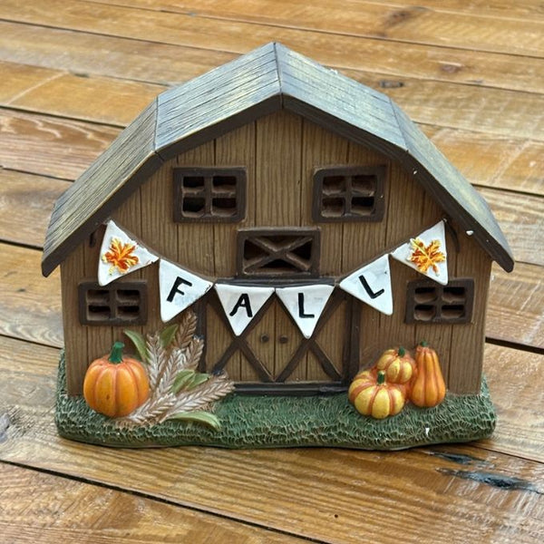 Harvest Bounty Fall Barn with pumpkins in front available at Quilted Cabin in Airdrie