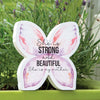 She is Strong and Beautiful Wooden Butterfly Sitter available at Quilted Cabin Home Decor.