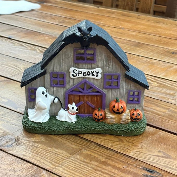 Spooky Halloween Barn with ghosts and pumpkins in front available at Quilted Cabin in Airdrie
