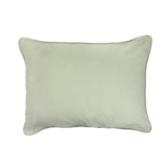 Light green pillow on a white background. Peach Rose Quilt Set available at Quilted Cabin Home Decor.