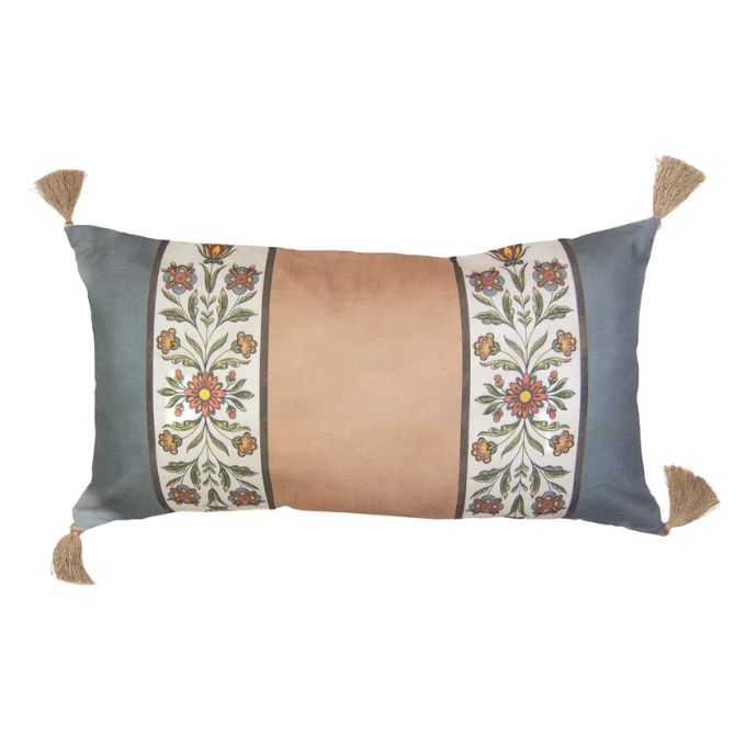 Decorative pillow with floral patterns and tassels on a white background. Peach Rose Toss Pillows - Set of Two available at Quilted Cabin Home Decor.