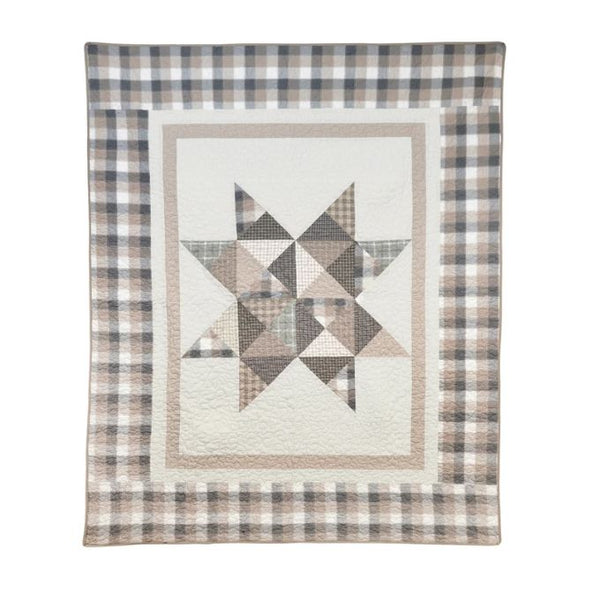 Quilt with geometric star pattern and plaid border on a white background. Smoky Star Throw quilt available at Quilted Cabin Home Decor.