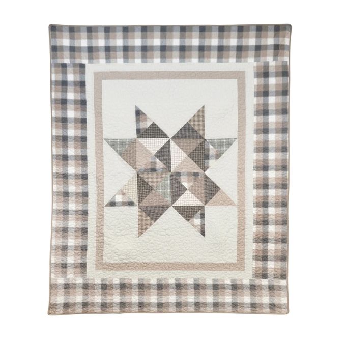 Quilt with geometric star pattern and plaid border on a white background. Smoky Star Throw quilt available at Quilted Cabin Home Decor.