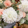 Close-up of white and pink flowers with green leaves. Amaranth Floral Stems - Three Colours available at Quilted Cabin Home Decor.