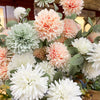 Bouquet of artificial flowers in pastel colors with green leaves. Amaranth Floral Stems - Three Colours available at Quilted Cabin Home Decor.