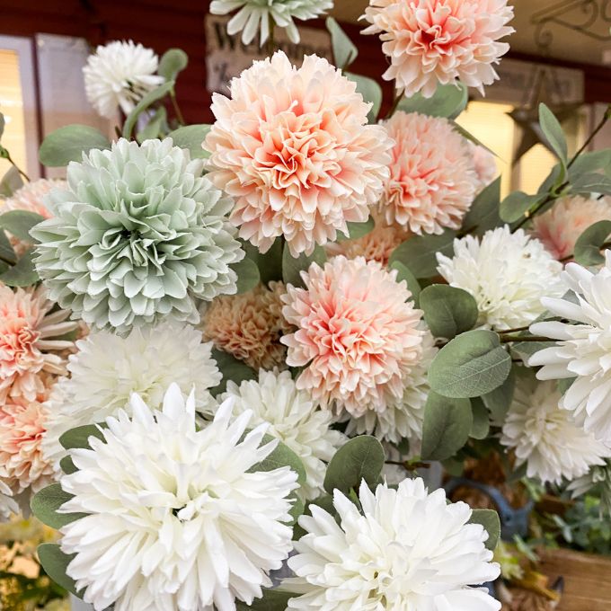 Bouquet of artificial flowers in pastel colors with green leaves. Amaranth Floral Stems - Three Colours available at Quilted Cabin Home Decor.