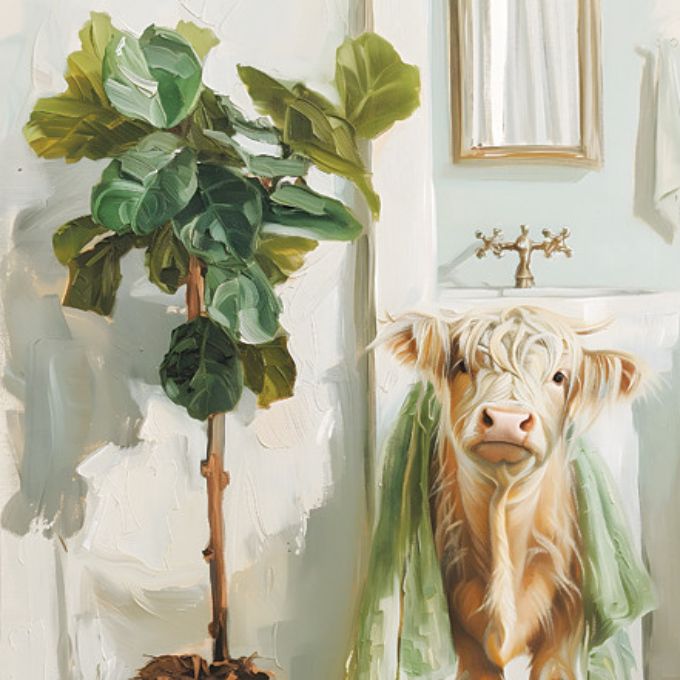 Bath Time Bliss with highland cow bathroom picture available at Quilted Cabin in Airdrie