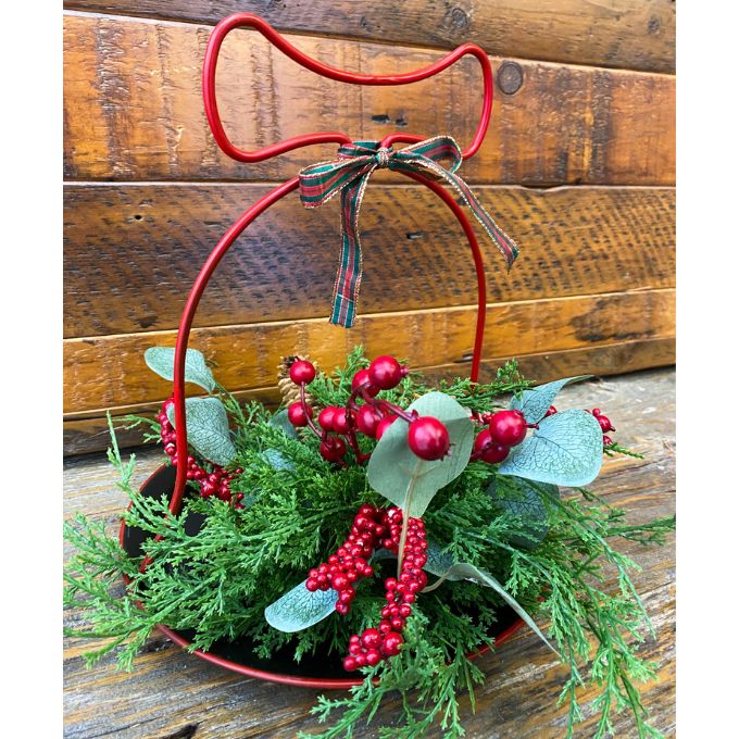 Decorative floral orb with red berries and greenery on a wooden background. Berry and Cedar Dripping Floral Orbs - Two Styles available at Quilted Cabin Home Decor.