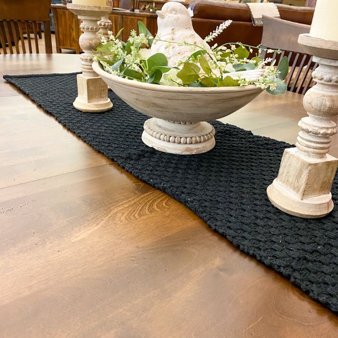 Cottage Weave Black Placemats and Table Runners available at Quilted Cabin Home Decor.