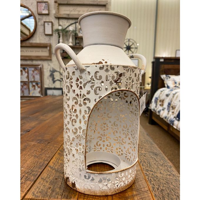 White Bucket Lantern available at Quilted Cabin Home Decor.