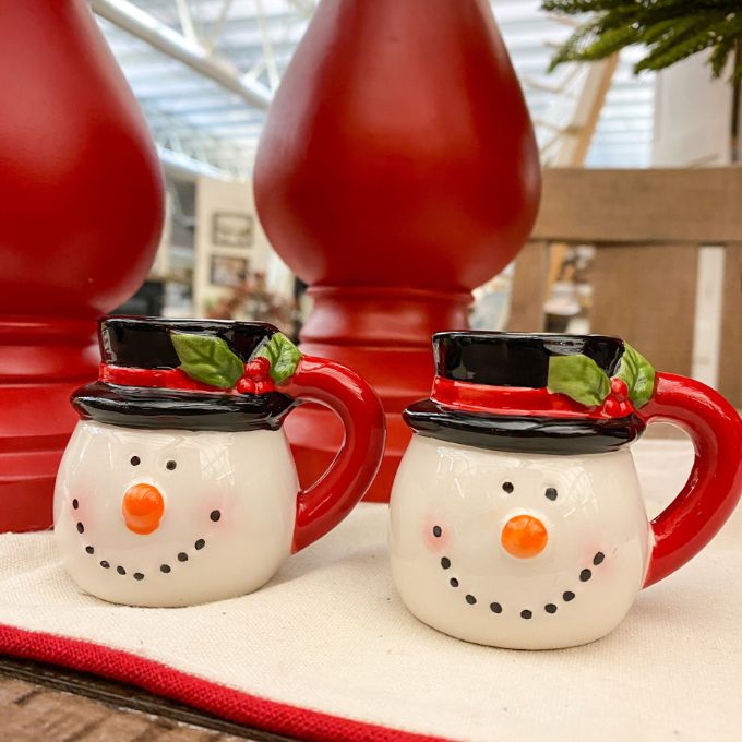 Snowman Cup Salt and Pepper Shakers available at Quilted Cabin Home Decor.