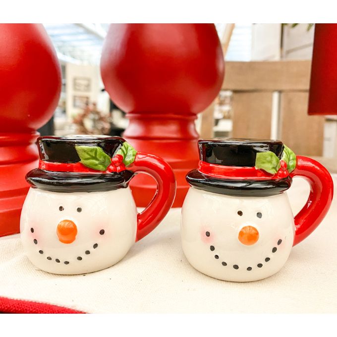 Snowman Cup Salt and Pepper Shakers available at Quilted Cabin Home Decor.