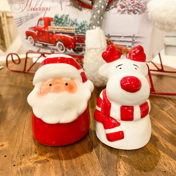 Santa and Deer Salt and Pepper Shaker Set available at Quilted Cabin Home Decor.